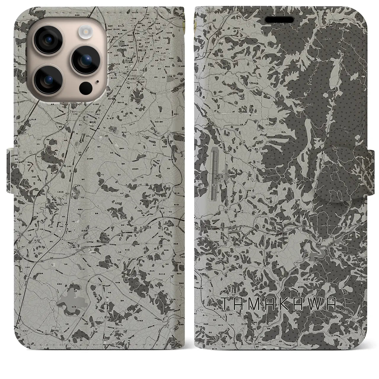 【玉川(福島県)】地図柄iPhoneケース(手帳タイプ)モノトーン・iPhone 16 Plus 用