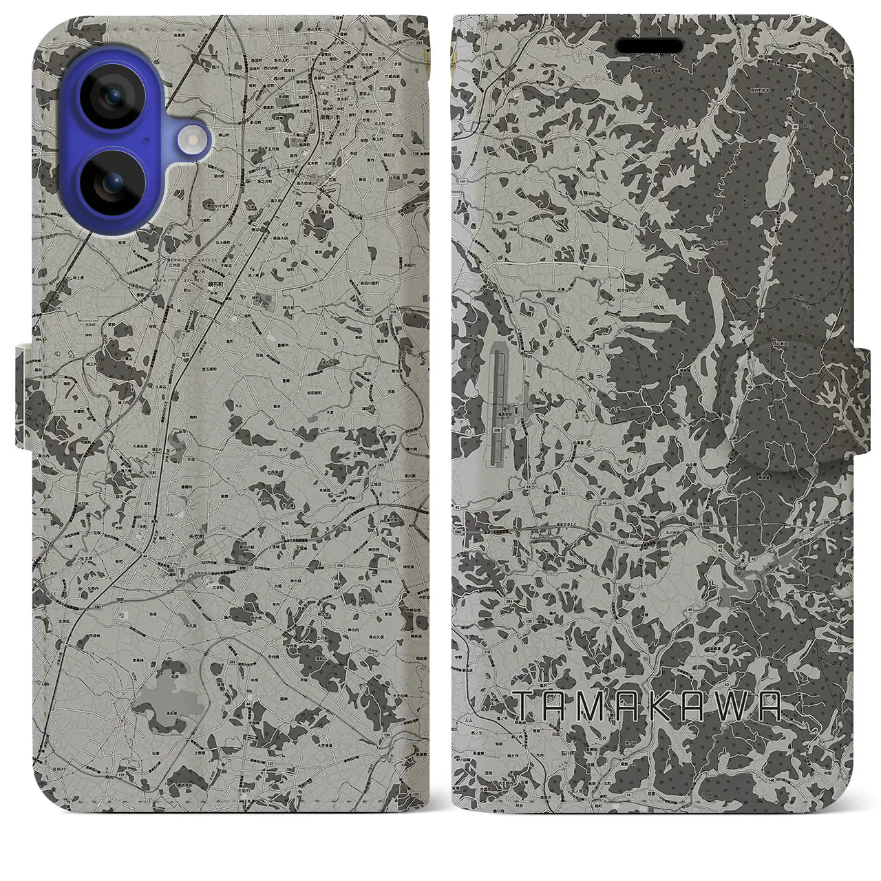 【玉川(福島県)】地図柄iPhoneケース(手帳タイプ)モノトーン・iPhone 16 Pro Max 用