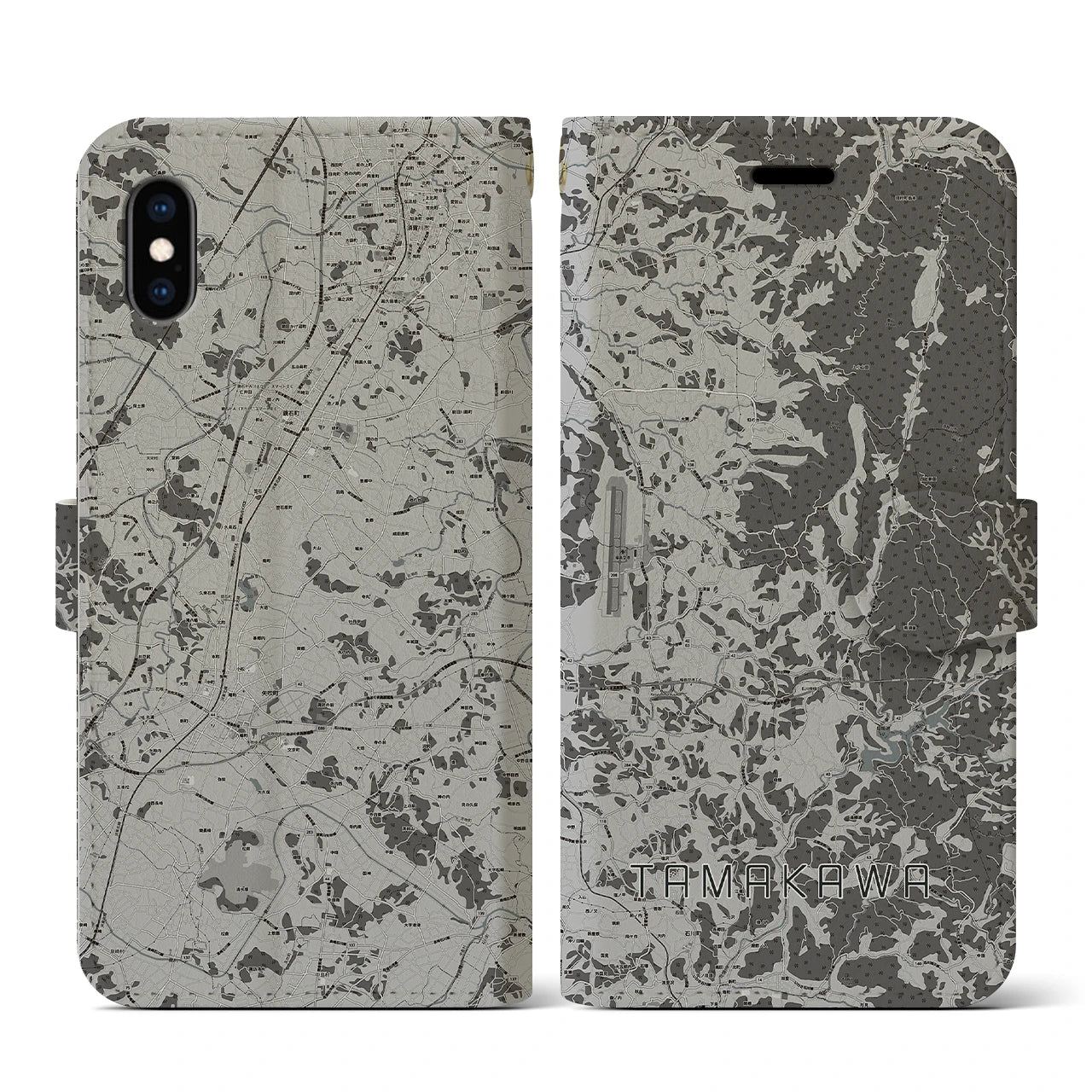 【玉川(福島県)】地図柄iPhoneケース(手帳タイプ)モノトーン・iPhone XS / X 用