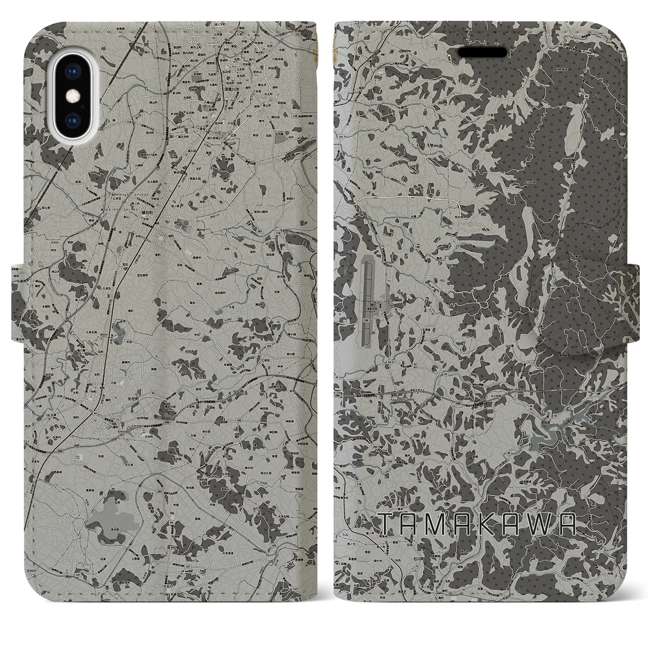 【玉川(福島県)】地図柄iPhoneケース(手帳タイプ)モノトーン・iPhone XS Max 用