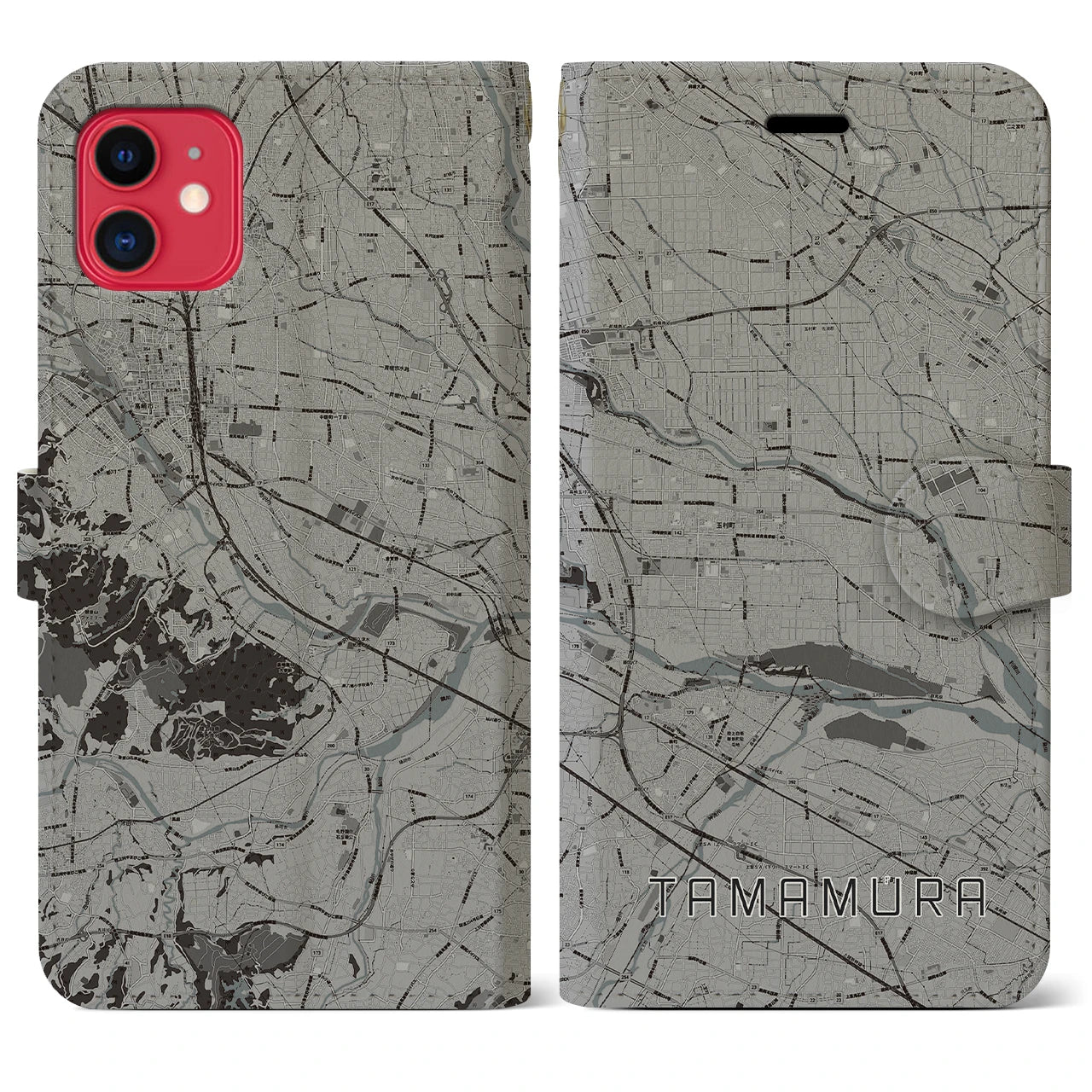 【玉村(群馬県)】地図柄iPhoneケース(手帳タイプ)モノトーン・iPhone 11 用