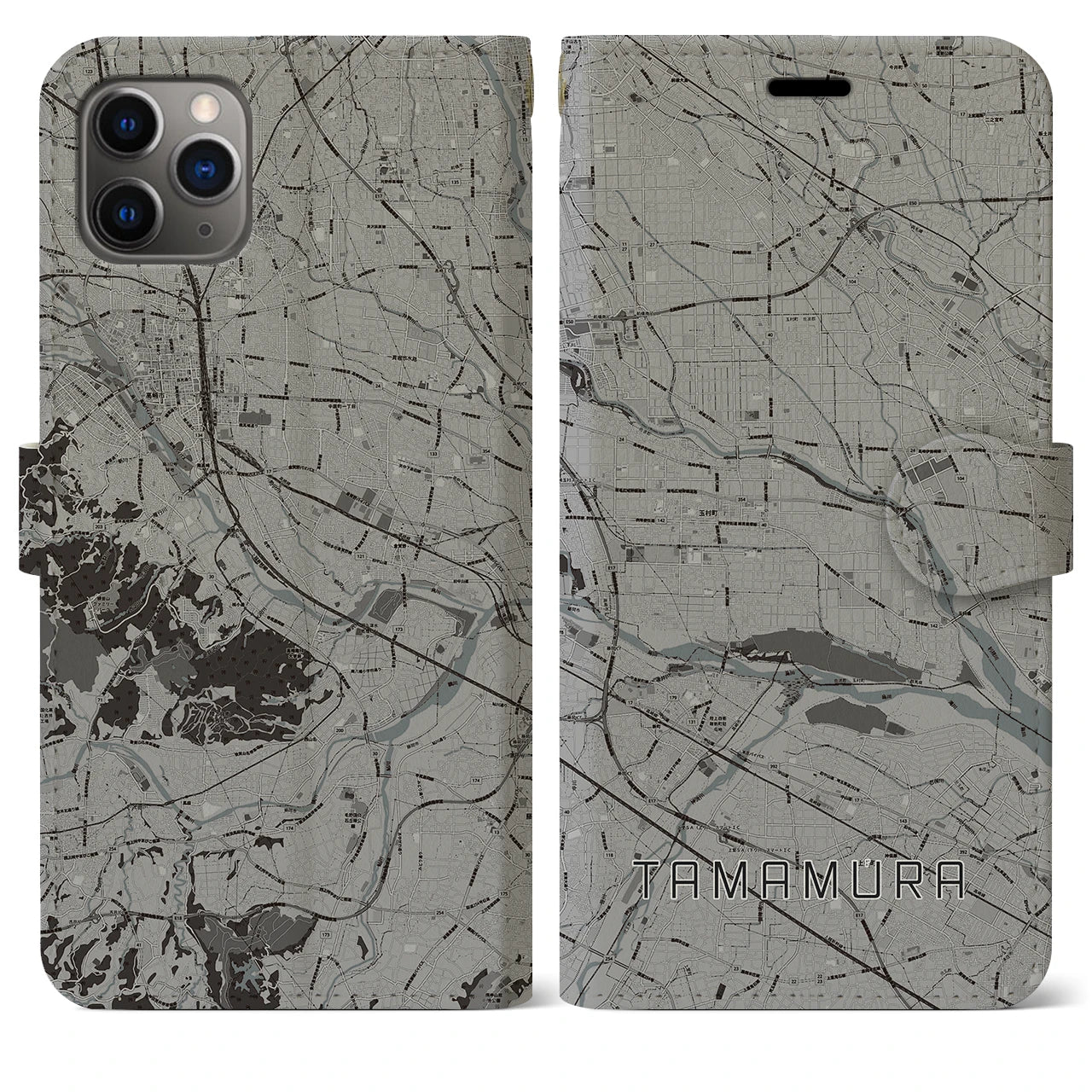 【玉村(群馬県)】地図柄iPhoneケース(手帳タイプ)モノトーン・iPhone 11 Pro Max 用