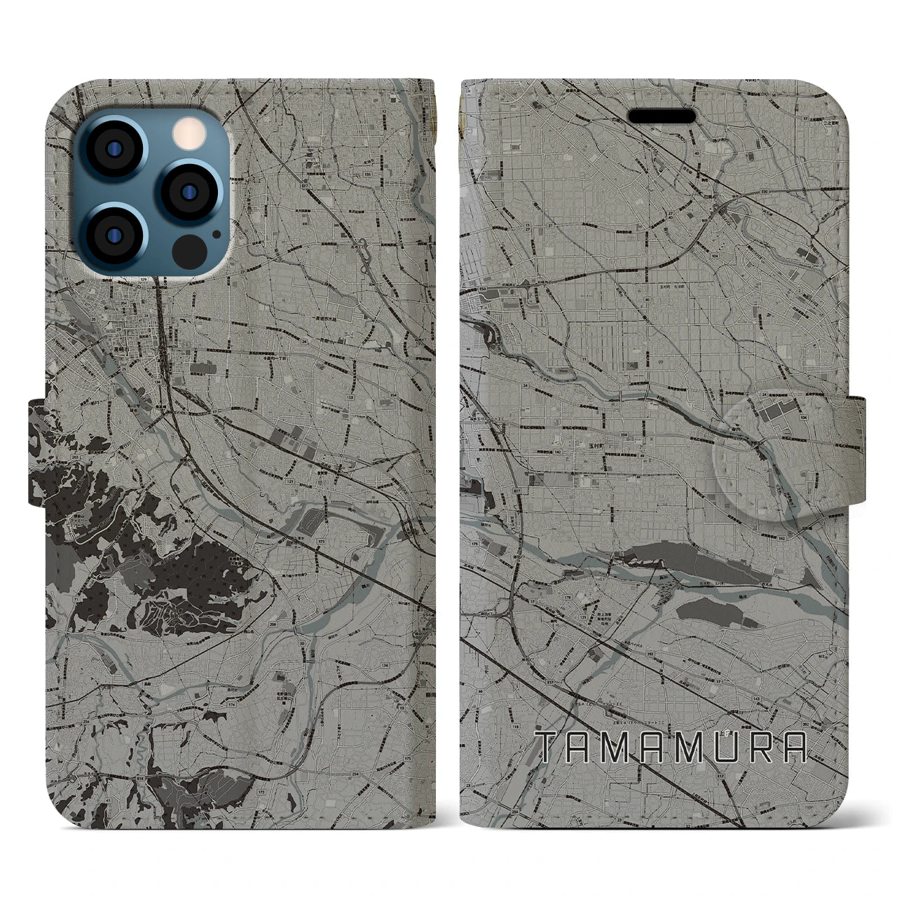 【玉村(群馬県)】地図柄iPhoneケース(手帳タイプ)モノトーン・iPhone 12 / 12 Pro 用