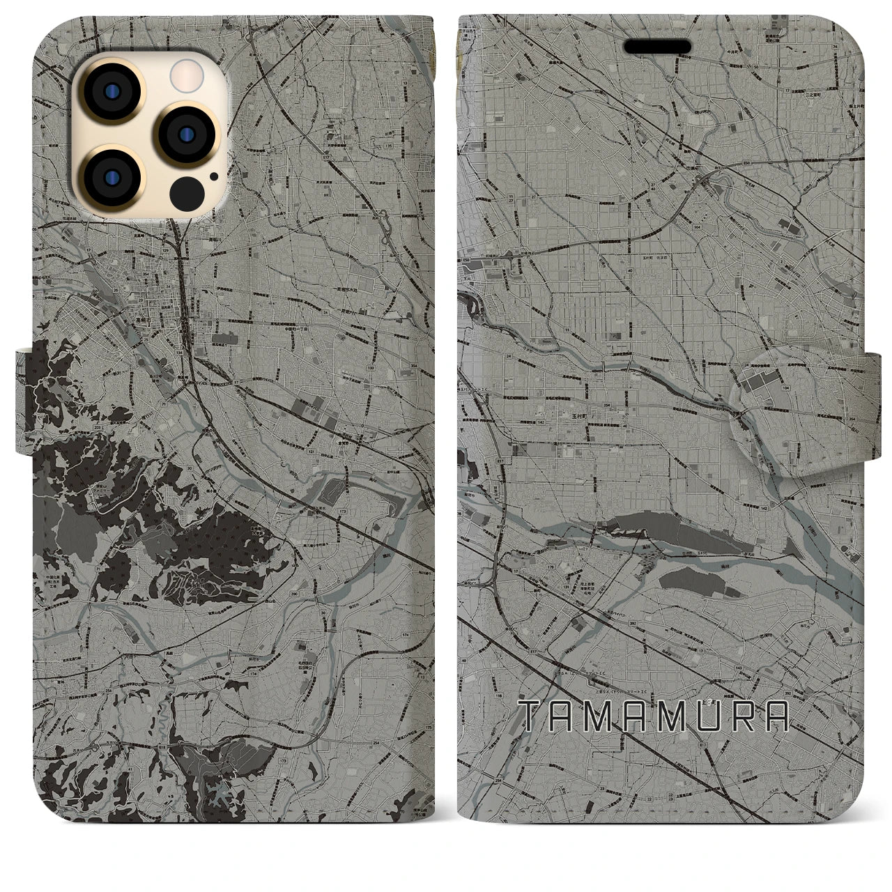 【玉村(群馬県)】地図柄iPhoneケース(手帳タイプ)モノトーン・iPhone 12 Pro Max 用