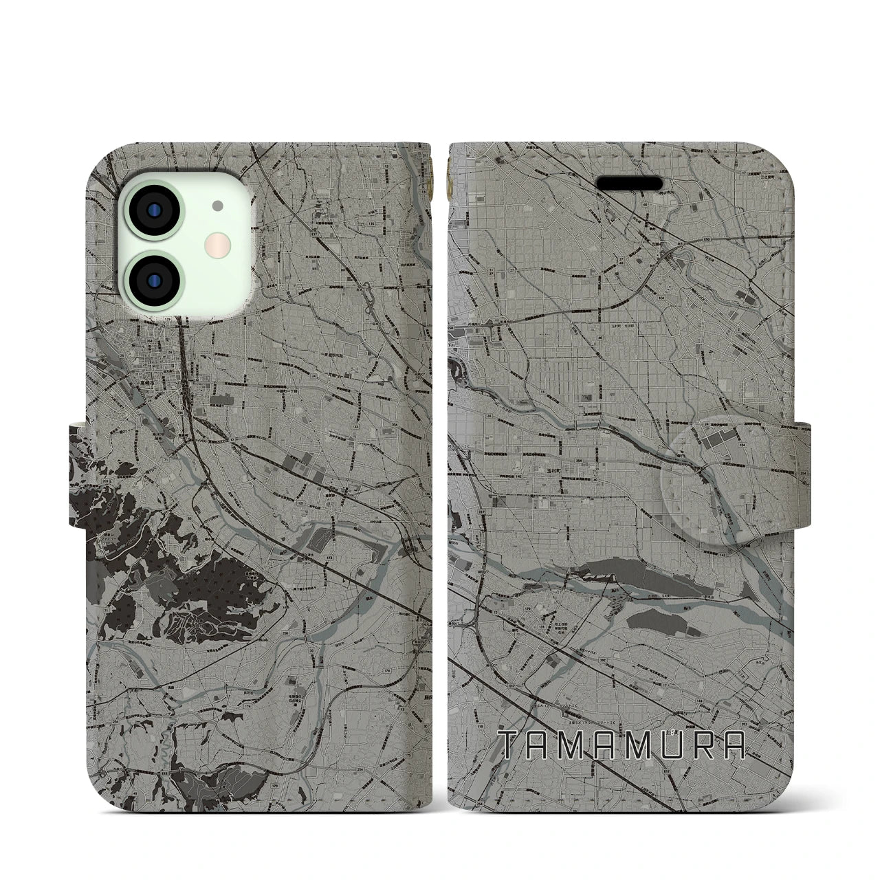 【玉村(群馬県)】地図柄iPhoneケース(手帳タイプ)モノトーン・iPhone 12 mini 用