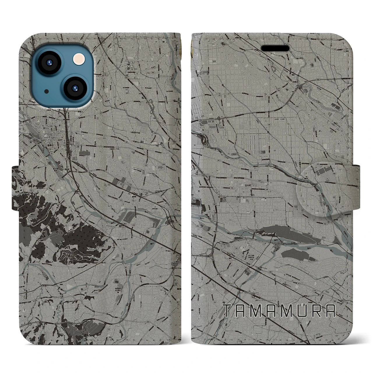 【玉村(群馬県)】地図柄iPhoneケース(手帳タイプ)モノトーン・iPhone 13 用