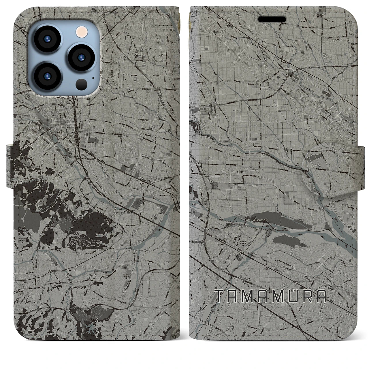 【玉村(群馬県)】地図柄iPhoneケース(手帳タイプ)モノトーン・iPhone 13 Pro Max 用