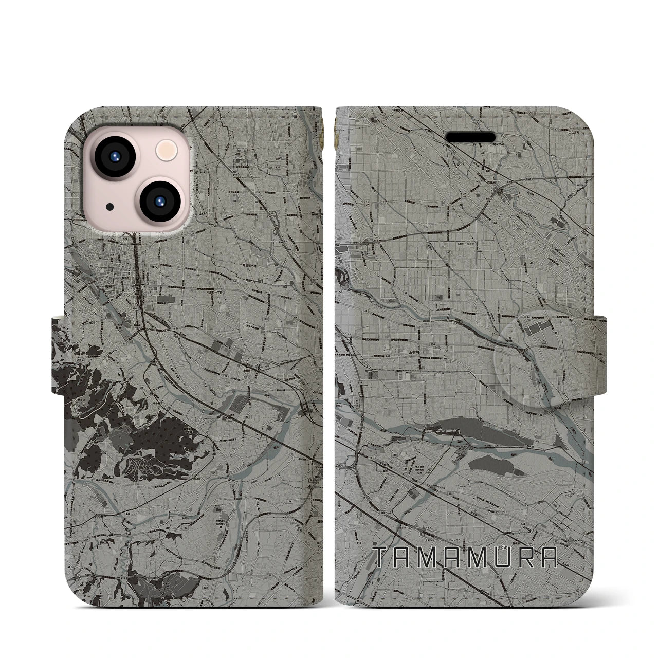 【玉村(群馬県)】地図柄iPhoneケース(手帳タイプ)モノトーン・iPhone 13 mini 用