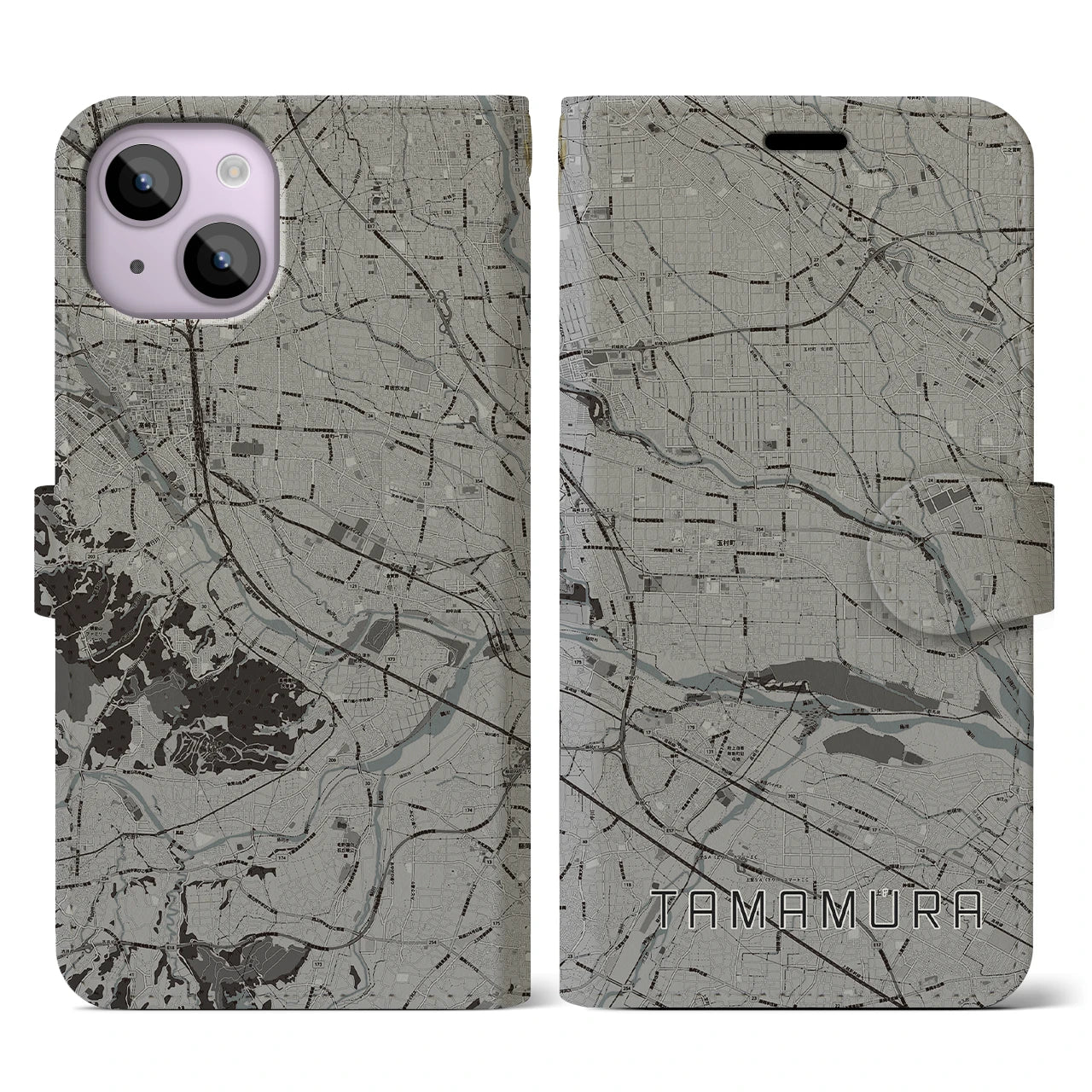 【玉村(群馬県)】地図柄iPhoneケース(手帳タイプ)モノトーン・iPhone 14 用