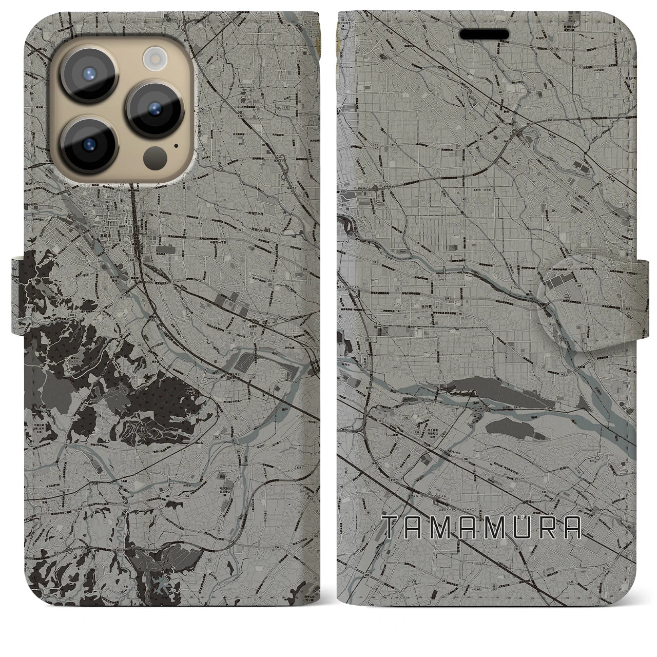 【玉村(群馬県)】地図柄iPhoneケース(手帳タイプ)モノトーン・iPhone 14 Pro Max 用