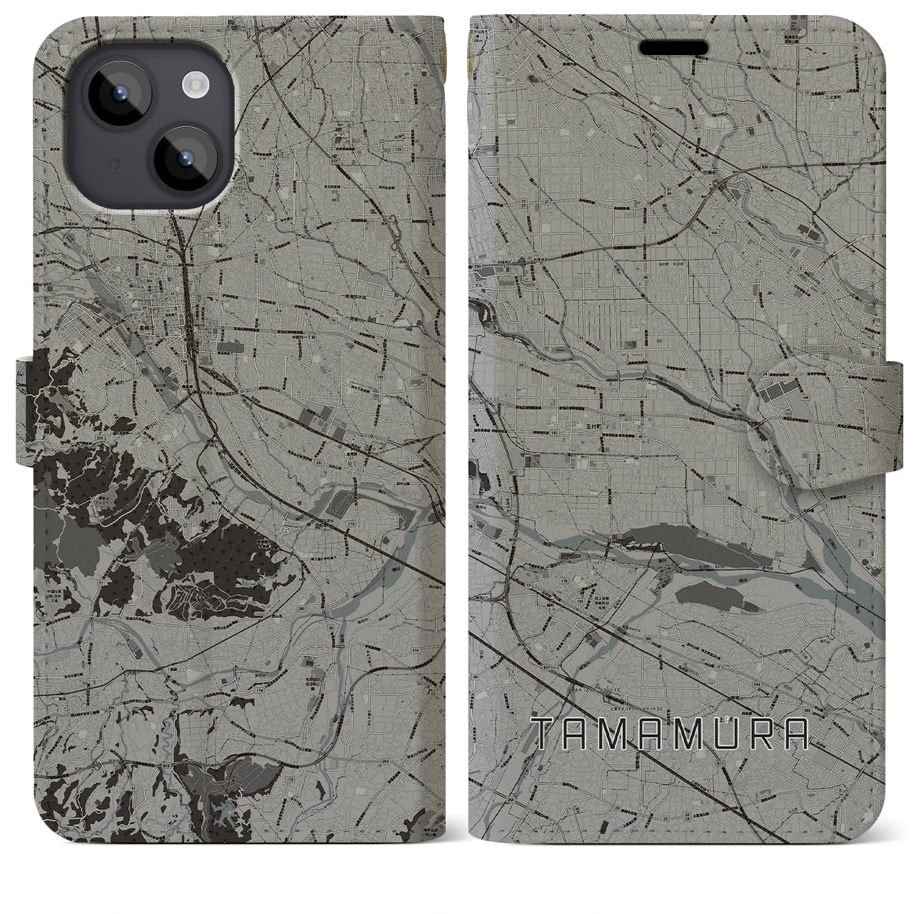 【玉村(群馬県)】地図柄iPhoneケース(手帳タイプ)モノトーン・iPhone 14 Plus 用