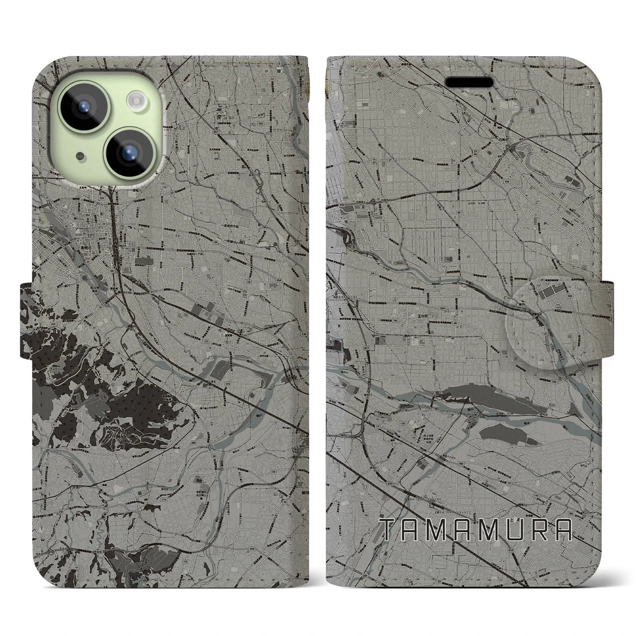 【玉村(群馬県)】地図柄iPhoneケース(手帳タイプ)モノトーン・iPhone 15 用
