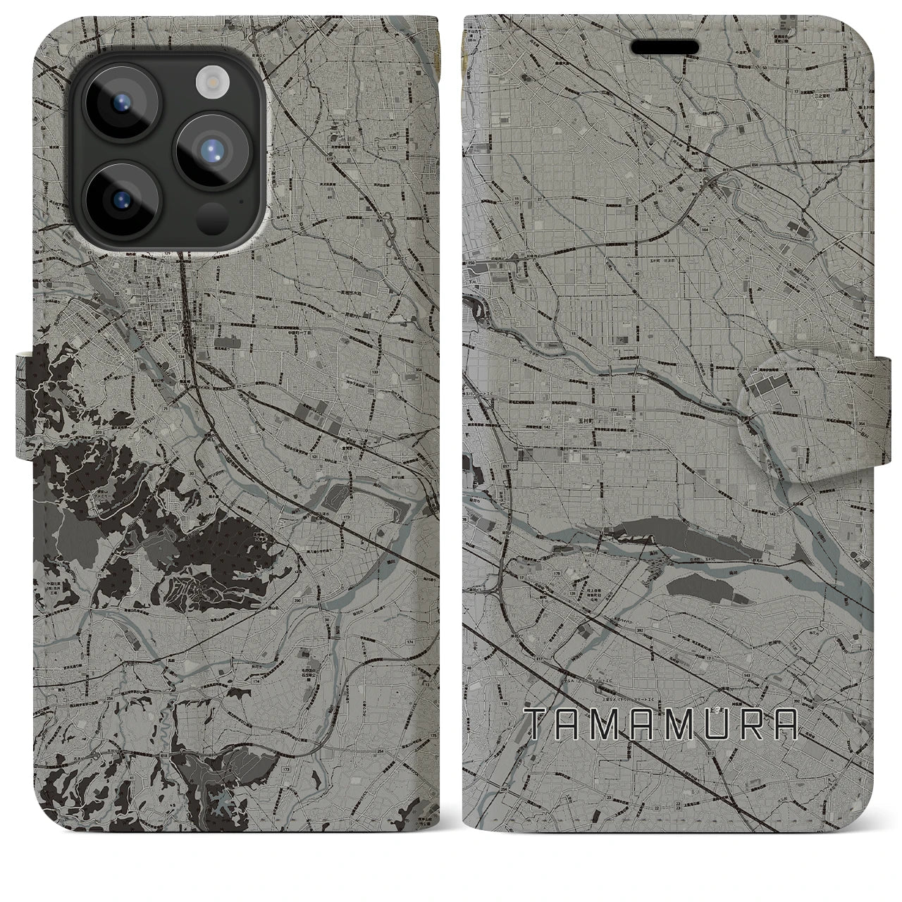 【玉村(群馬県)】地図柄iPhoneケース(手帳タイプ)モノトーン・iPhone 15 Pro Max 用