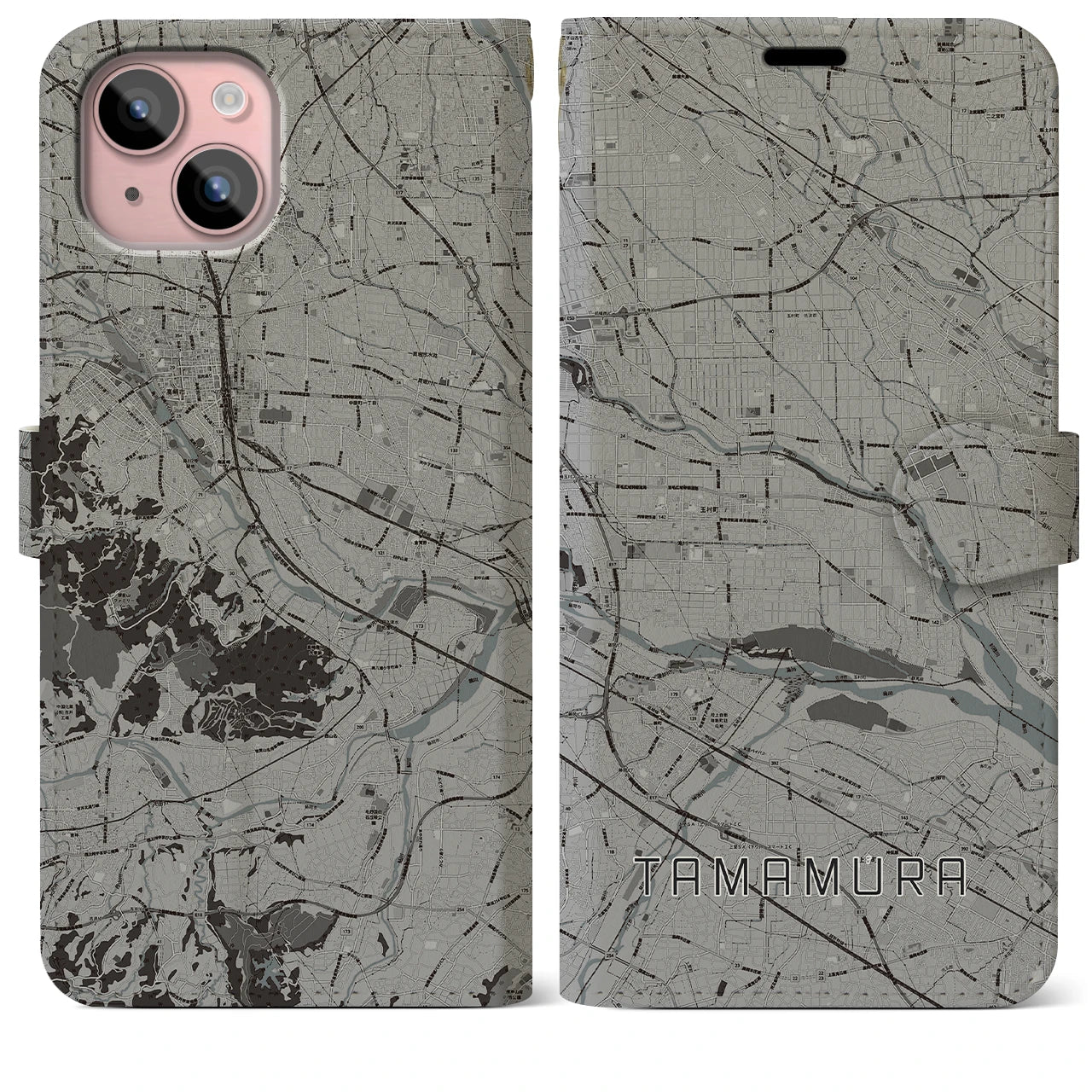 【玉村(群馬県)】地図柄iPhoneケース(手帳タイプ)モノトーン・iPhone 15 Plus 用