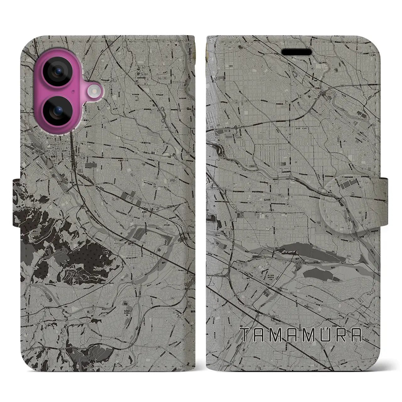 【玉村(群馬県)】地図柄iPhoneケース(手帳タイプ)モノトーン・iPhone 16 Pro 用