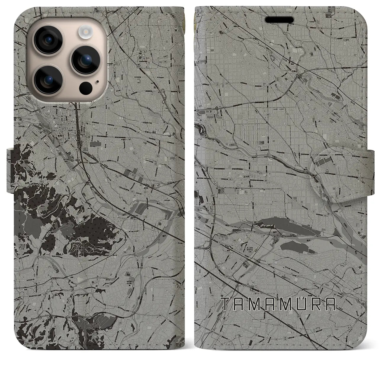 【玉村(群馬県)】地図柄iPhoneケース(手帳タイプ)モノトーン・iPhone 16 Plus 用