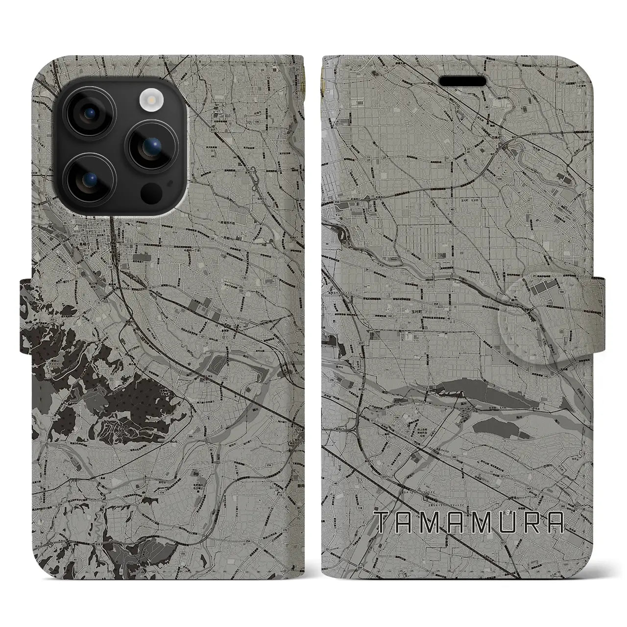 【玉村(群馬県)】地図柄iPhoneケース(手帳タイプ)モノトーン・iPhone 16 用