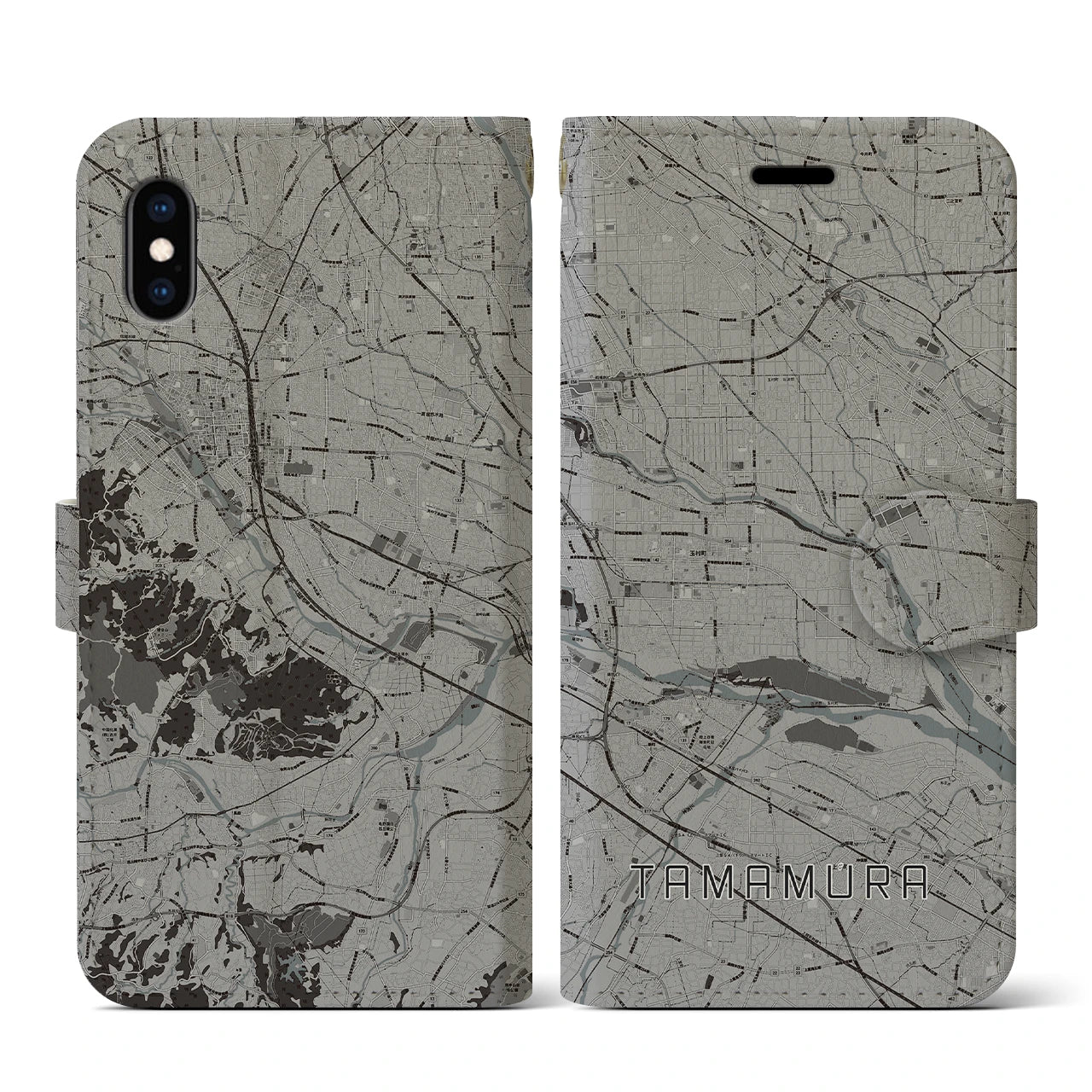 【玉村(群馬県)】地図柄iPhoneケース(手帳タイプ)モノトーン・iPhone XS / X 用