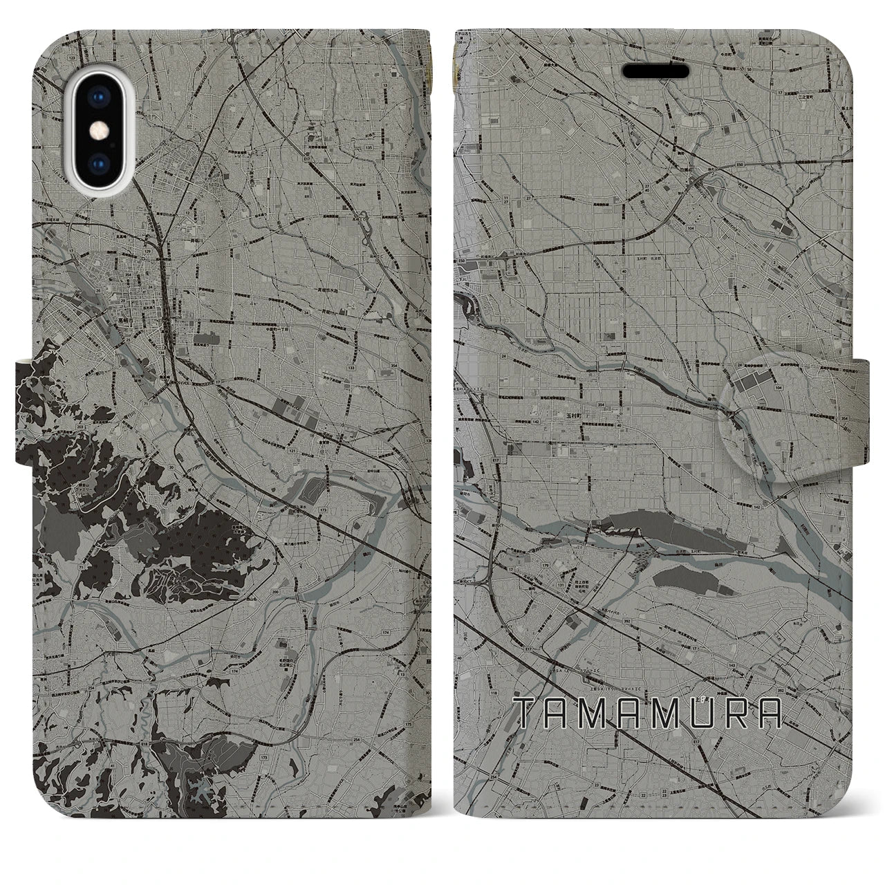 【玉村(群馬県)】地図柄iPhoneケース(手帳タイプ)モノトーン・iPhone XS Max 用