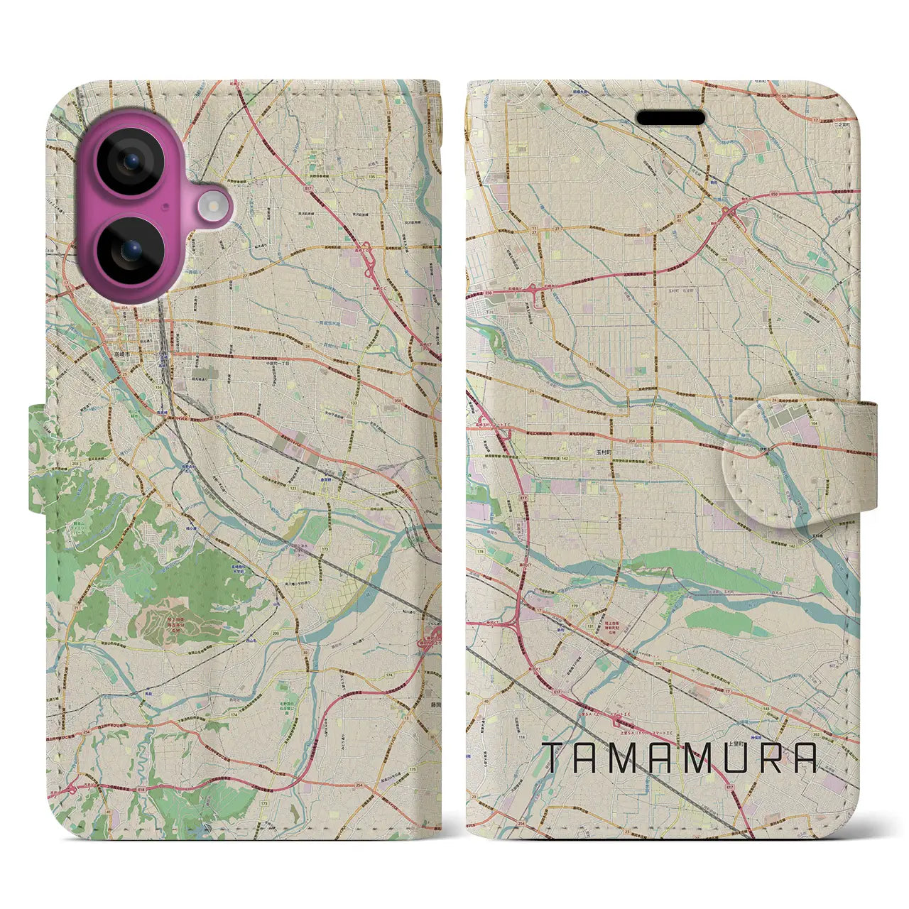 【玉村(群馬県)】地図柄iPhoneケース(手帳タイプ)ナチュラル・iPhone 16 Pro 用