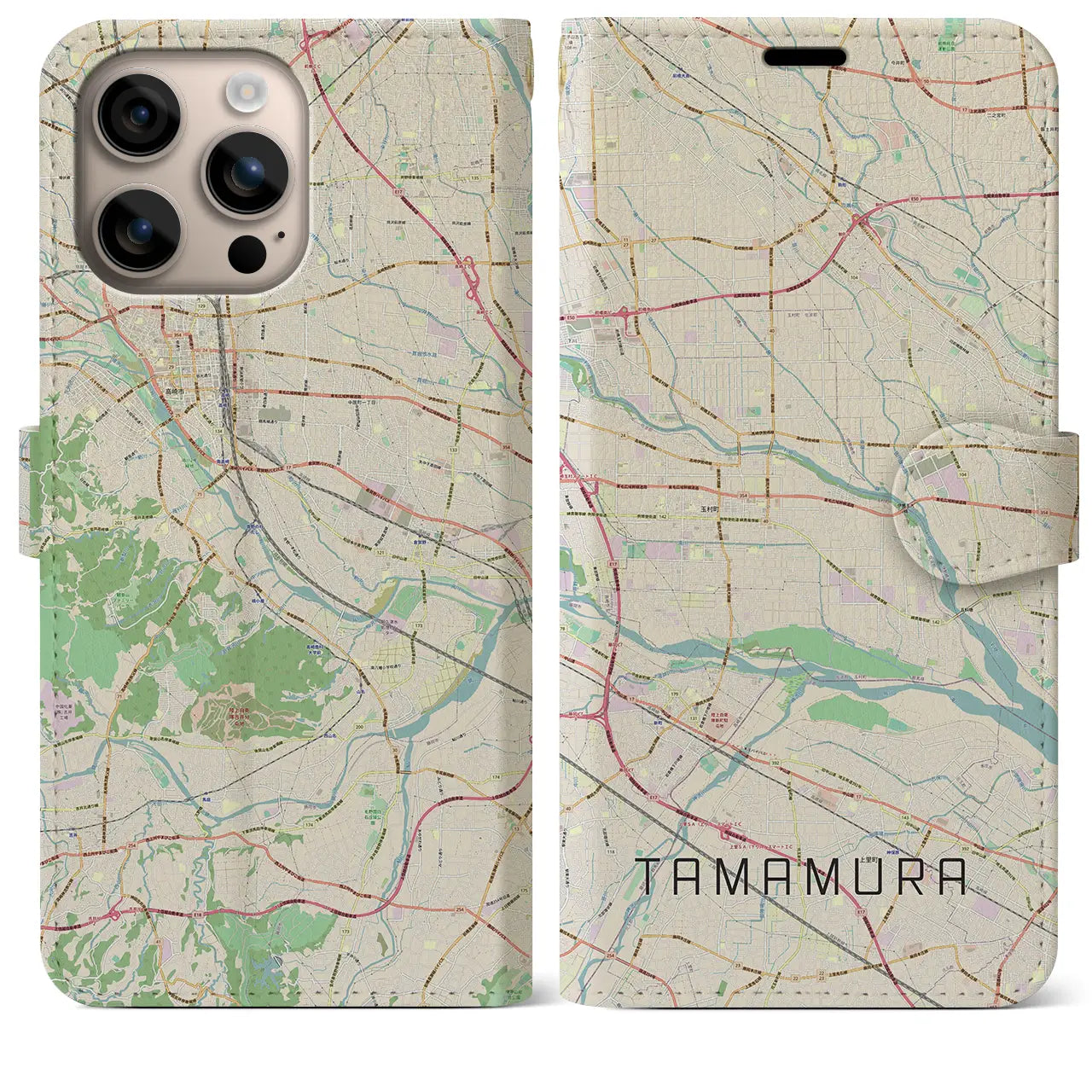 【玉村(群馬県)】地図柄iPhoneケース(手帳タイプ)ナチュラル・iPhone 16 Plus 用