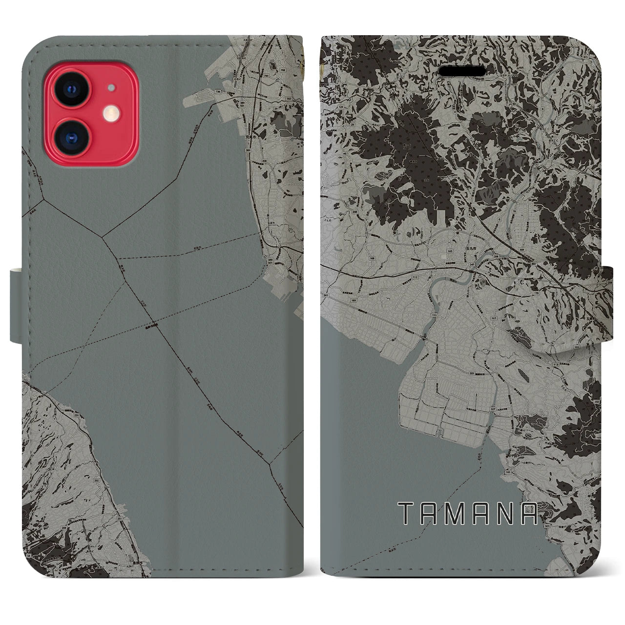 【玉名(熊本県)】地図柄iPhoneケース(手帳タイプ)モノトーン・iPhone 11 用