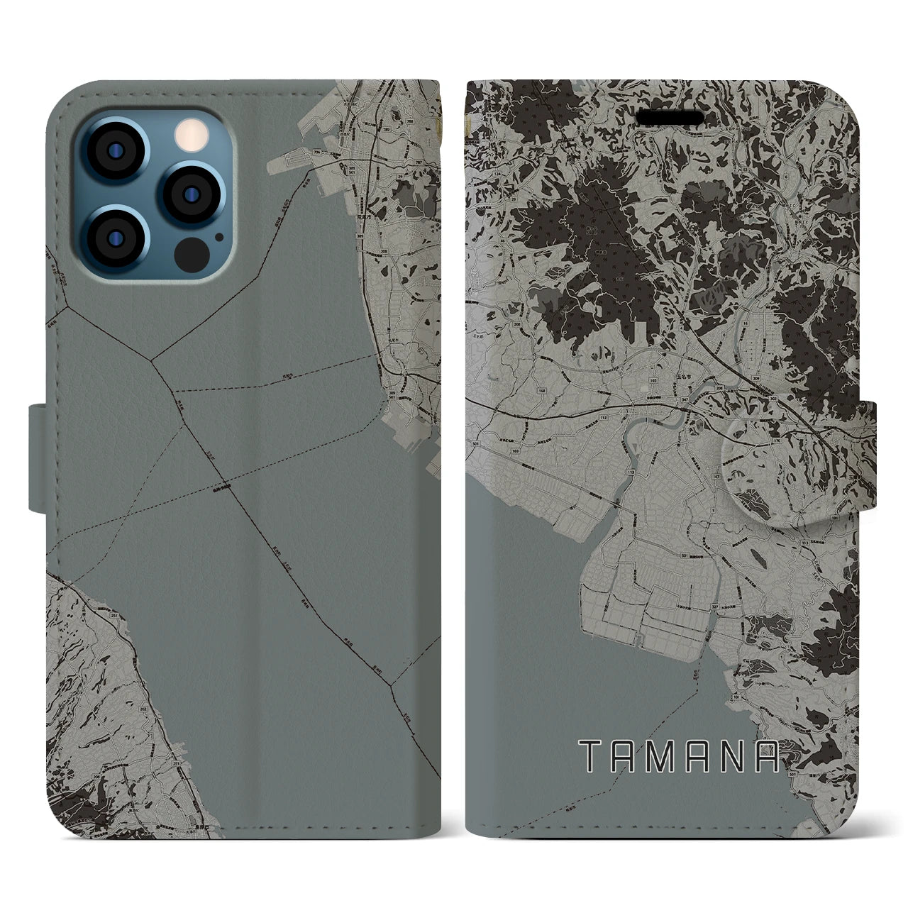 【玉名(熊本県)】地図柄iPhoneケース(手帳タイプ)モノトーン・iPhone 12 / 12 Pro 用