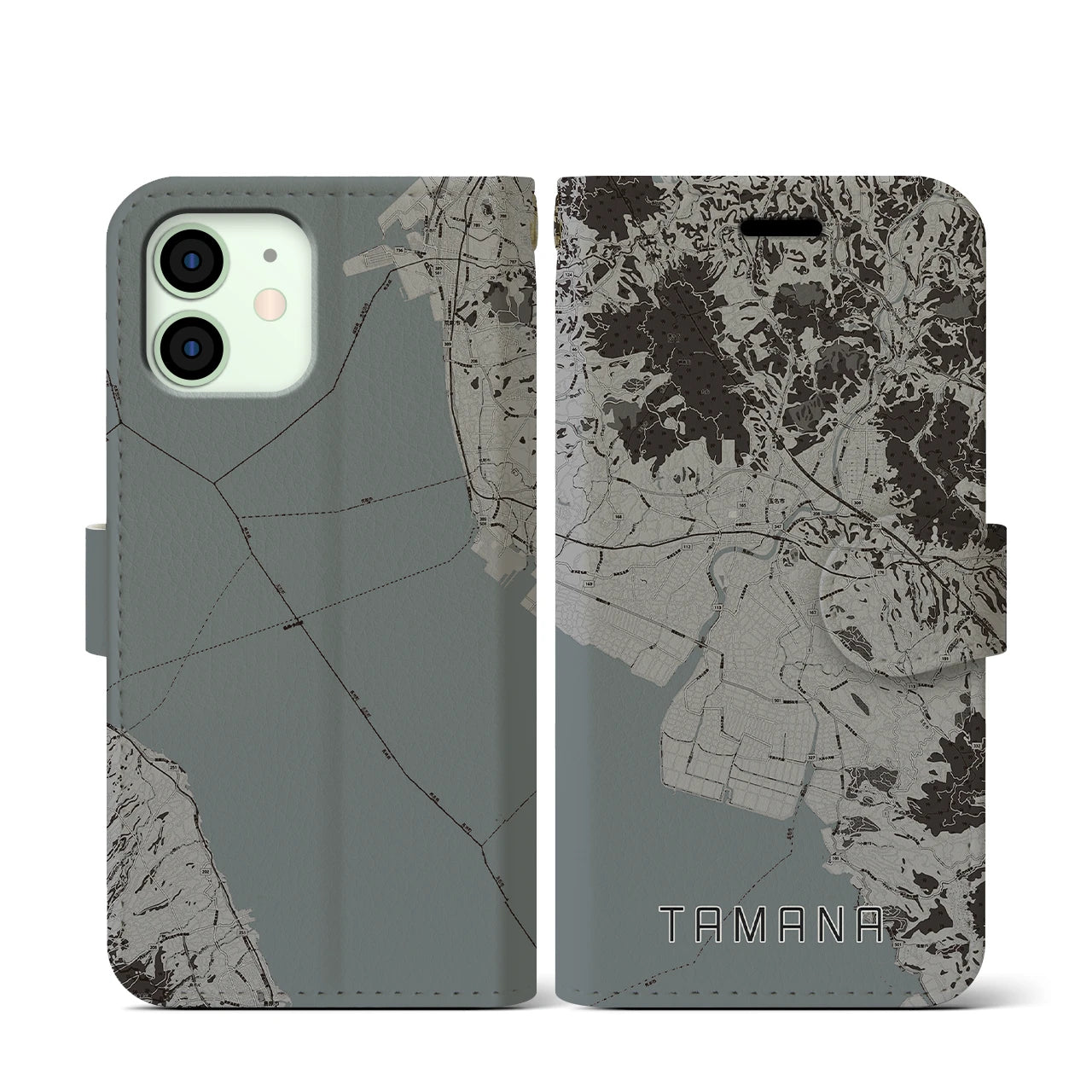 【玉名(熊本県)】地図柄iPhoneケース(手帳タイプ)モノトーン・iPhone 12 mini 用