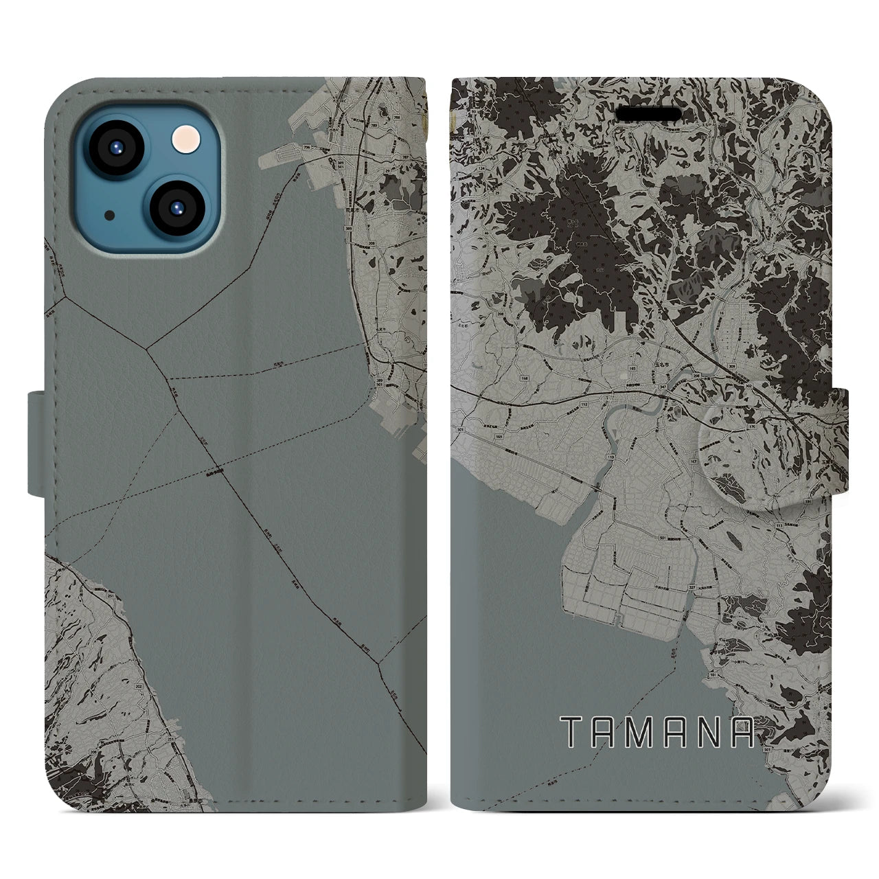 【玉名(熊本県)】地図柄iPhoneケース(手帳タイプ)モノトーン・iPhone 13 用