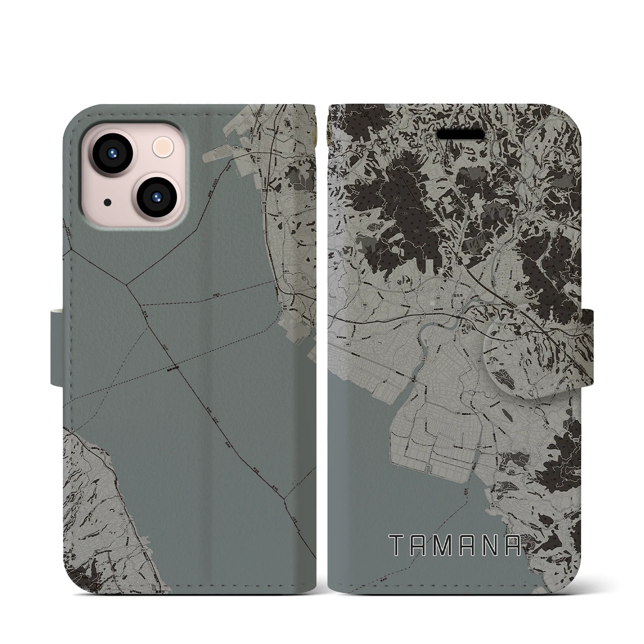 【玉名(熊本県)】地図柄iPhoneケース(手帳タイプ)モノトーン・iPhone 13 mini 用