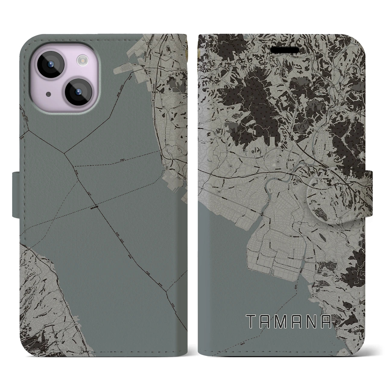【玉名(熊本県)】地図柄iPhoneケース(手帳タイプ)モノトーン・iPhone 14 用