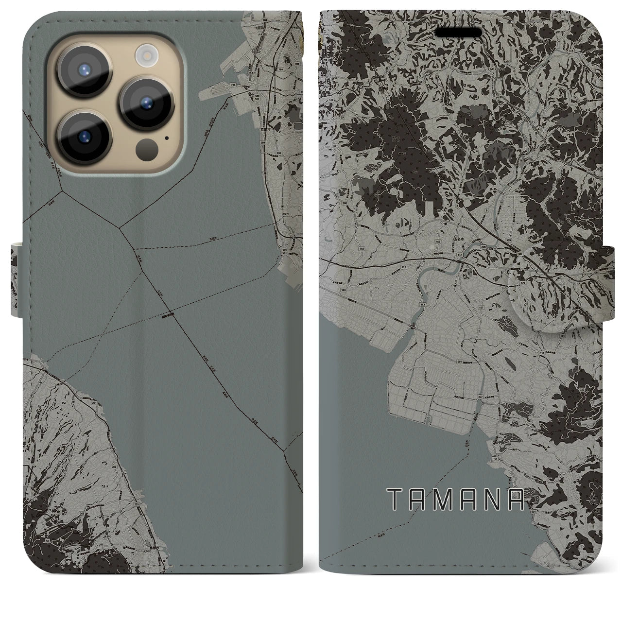 【玉名(熊本県)】地図柄iPhoneケース(手帳タイプ)モノトーン・iPhone 14 Pro Max 用