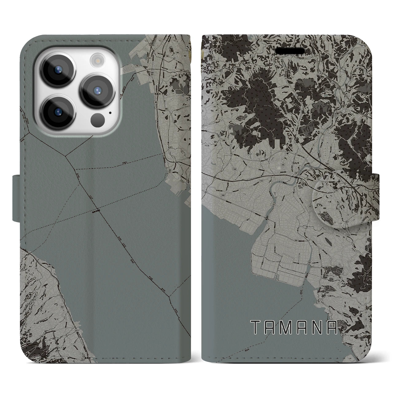 【玉名(熊本県)】地図柄iPhoneケース(手帳タイプ)モノトーン・iPhone 14 Pro 用