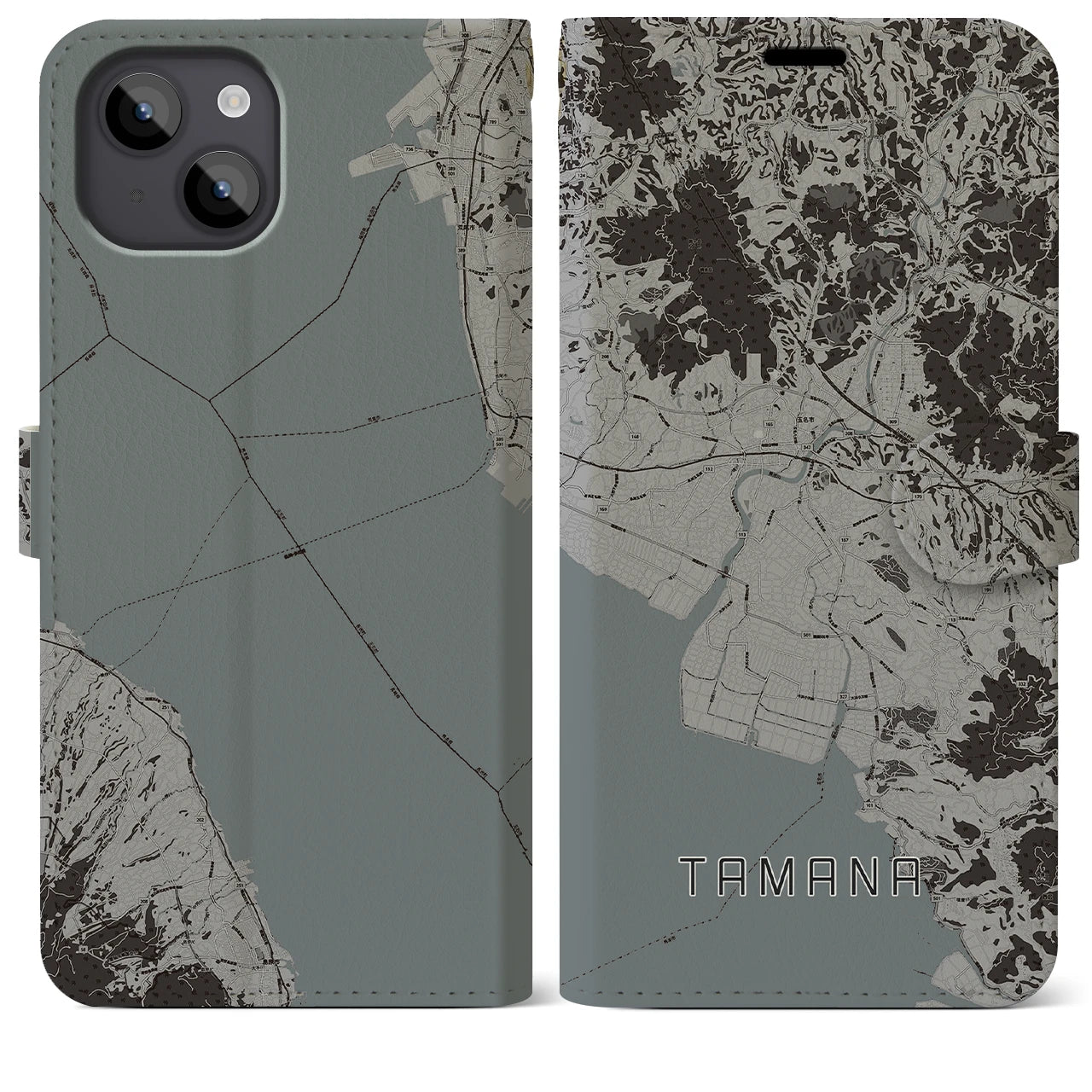 【玉名(熊本県)】地図柄iPhoneケース(手帳タイプ)モノトーン・iPhone 14 Plus 用