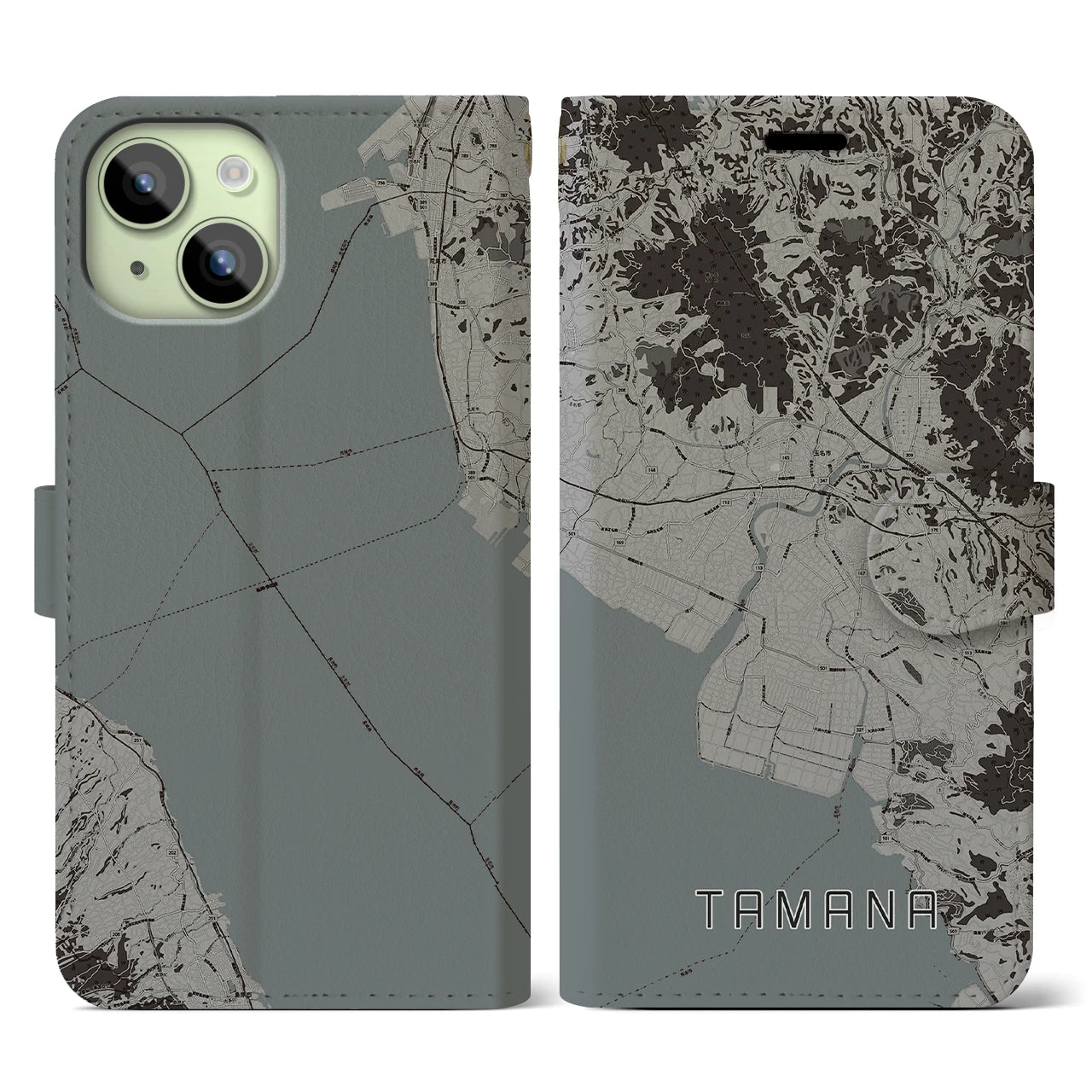 【玉名(熊本県)】地図柄iPhoneケース(手帳タイプ)モノトーン・iPhone 15 用