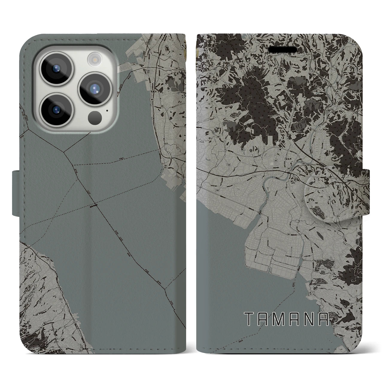 【玉名(熊本県)】地図柄iPhoneケース(手帳タイプ)モノトーン・iPhone 15 Pro 用