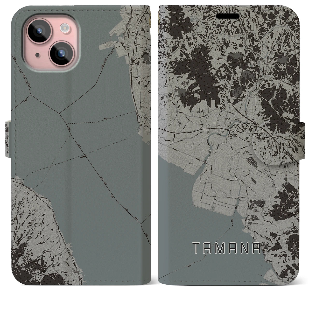 【玉名(熊本県)】地図柄iPhoneケース(手帳タイプ)モノトーン・iPhone 15 Plus 用