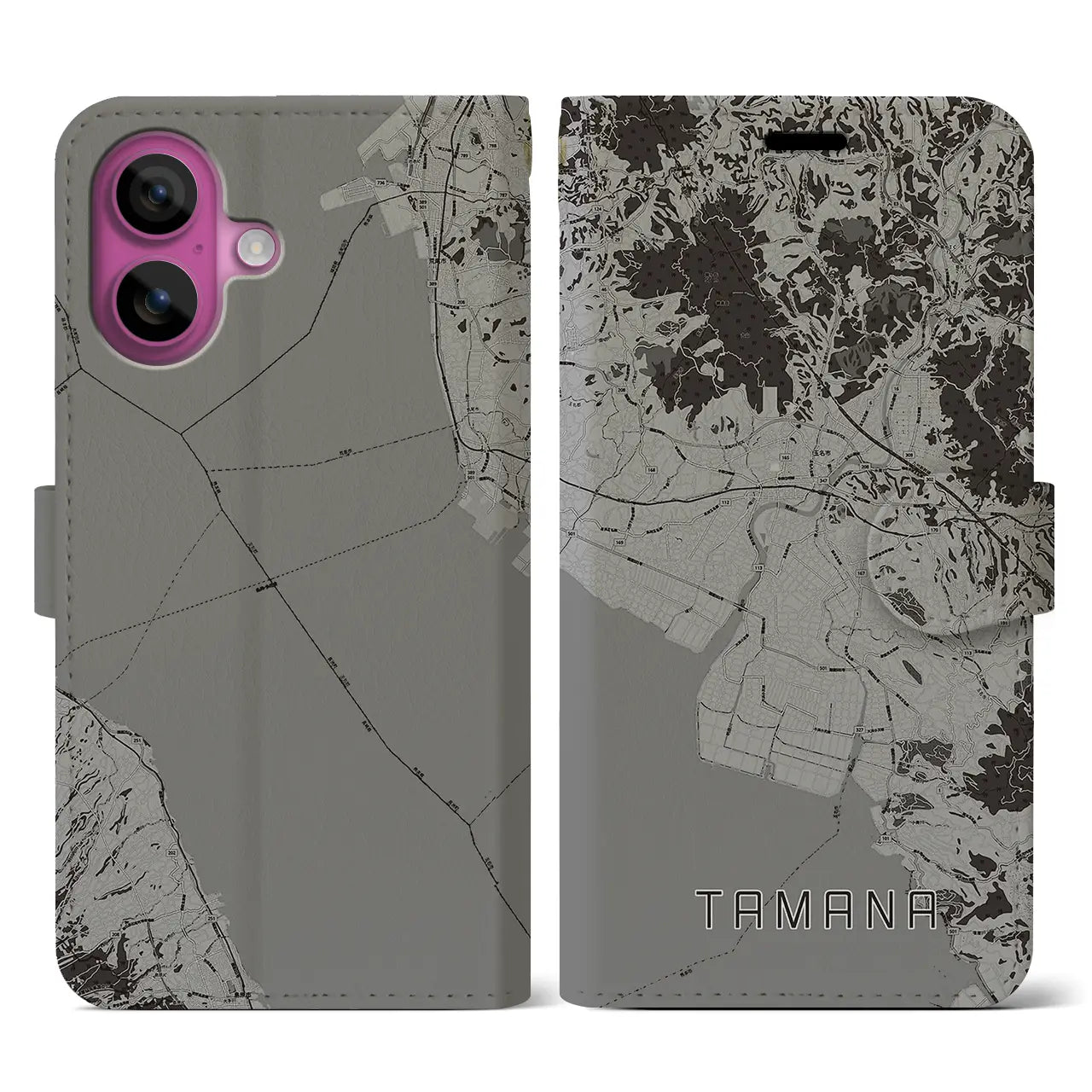 【玉名(熊本県)】地図柄iPhoneケース(手帳タイプ)モノトーン・iPhone 16 Pro 用