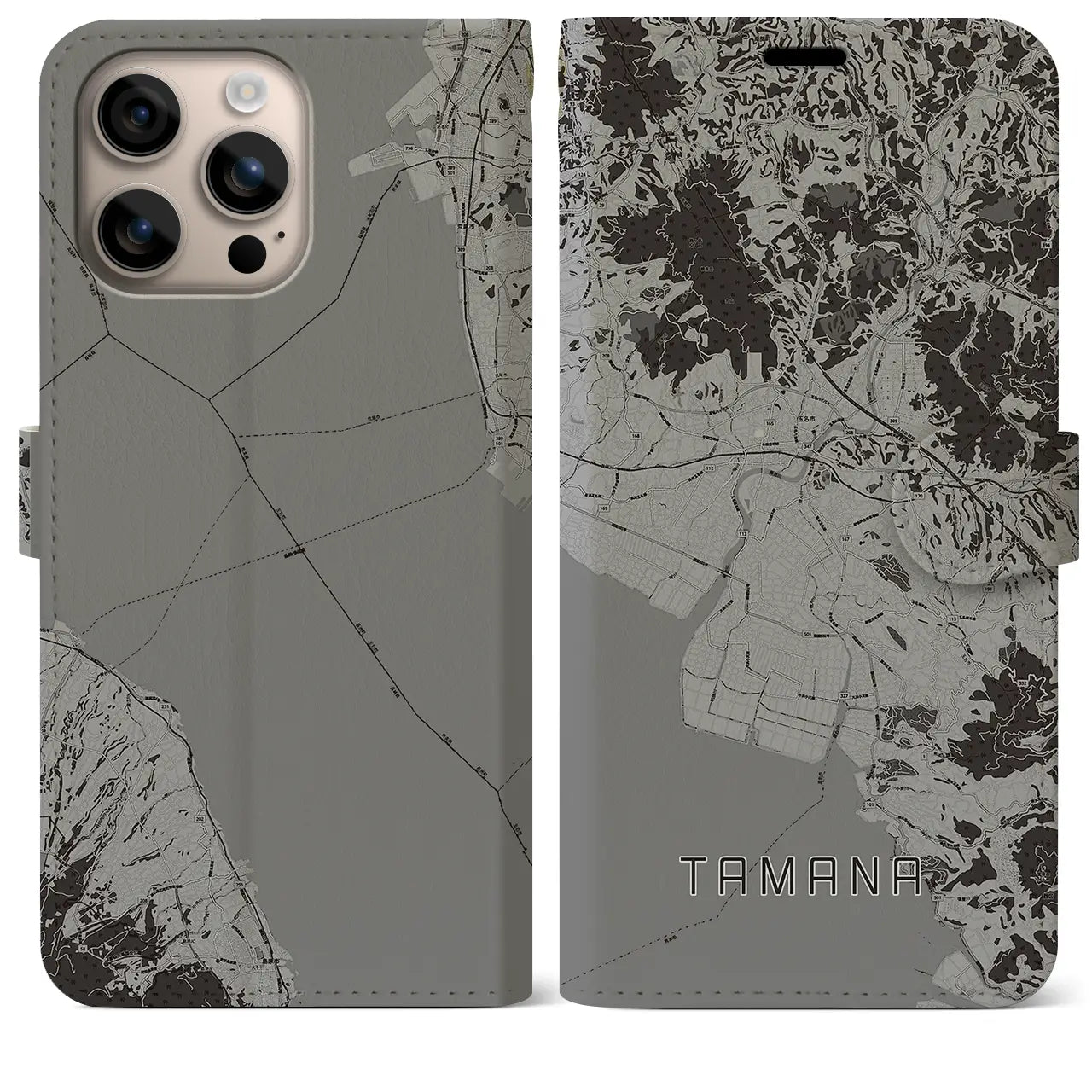 【玉名(熊本県)】地図柄iPhoneケース(手帳タイプ)モノトーン・iPhone 16 Plus 用