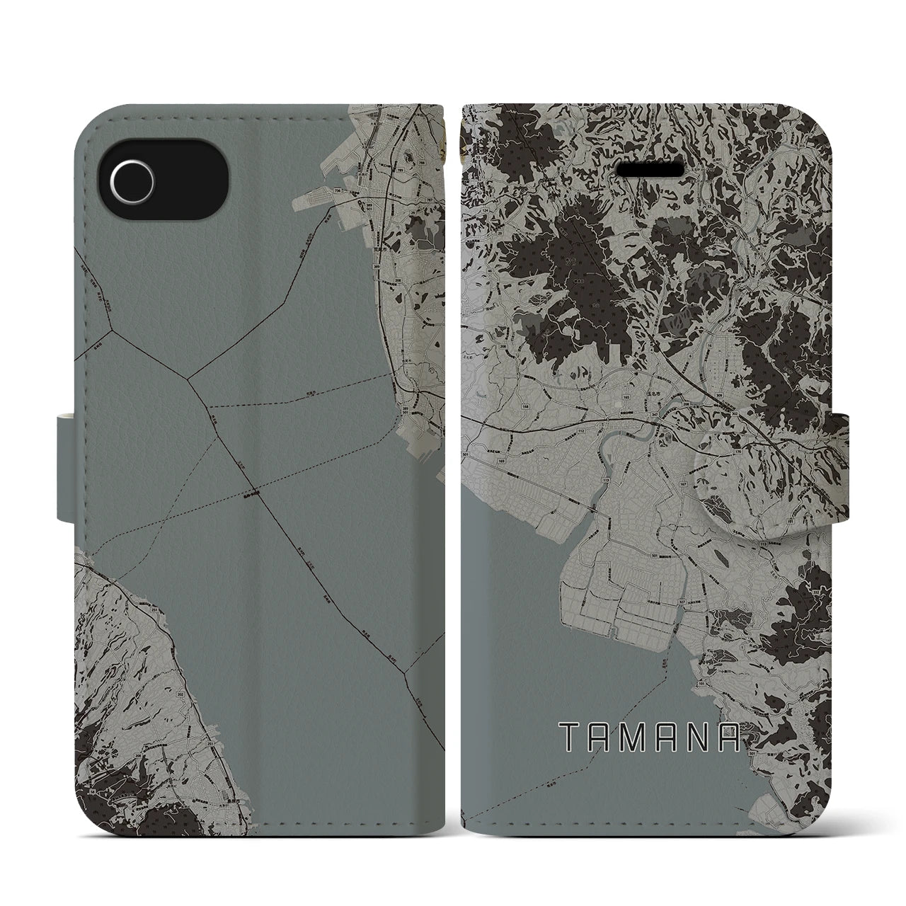 【玉名(熊本県)】地図柄iPhoneケース(手帳タイプ)モノトーン・iPhone SE(第3 / 第2世代) / 8 / 7 / 6s / 6 用