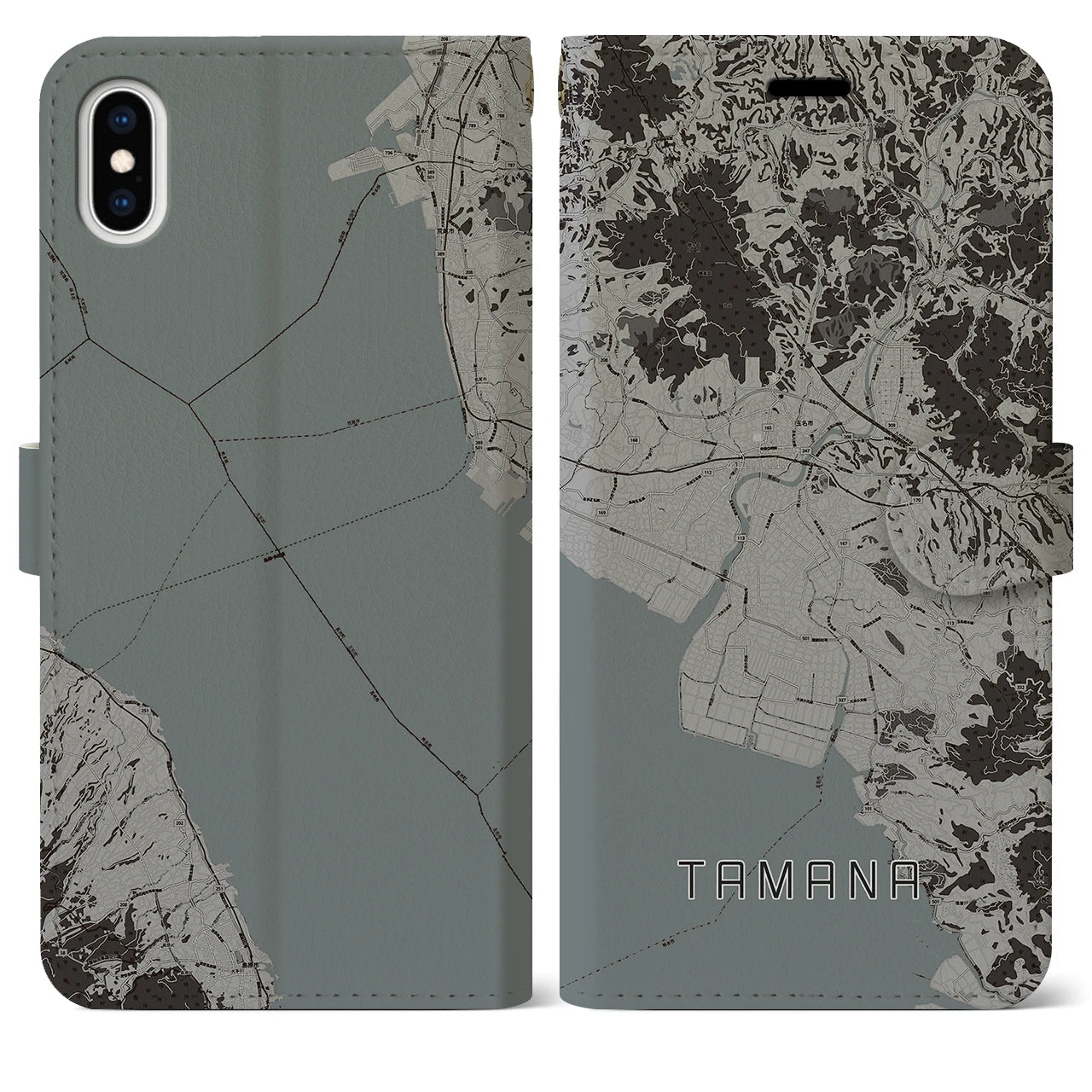 【玉名(熊本県)】地図柄iPhoneケース(手帳タイプ)モノトーン・iPhone XS Max 用