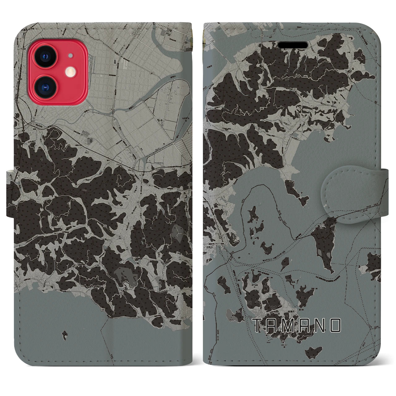 【玉野(岡山県)】地図柄iPhoneケース(手帳タイプ)モノトーン・iPhone 11 用