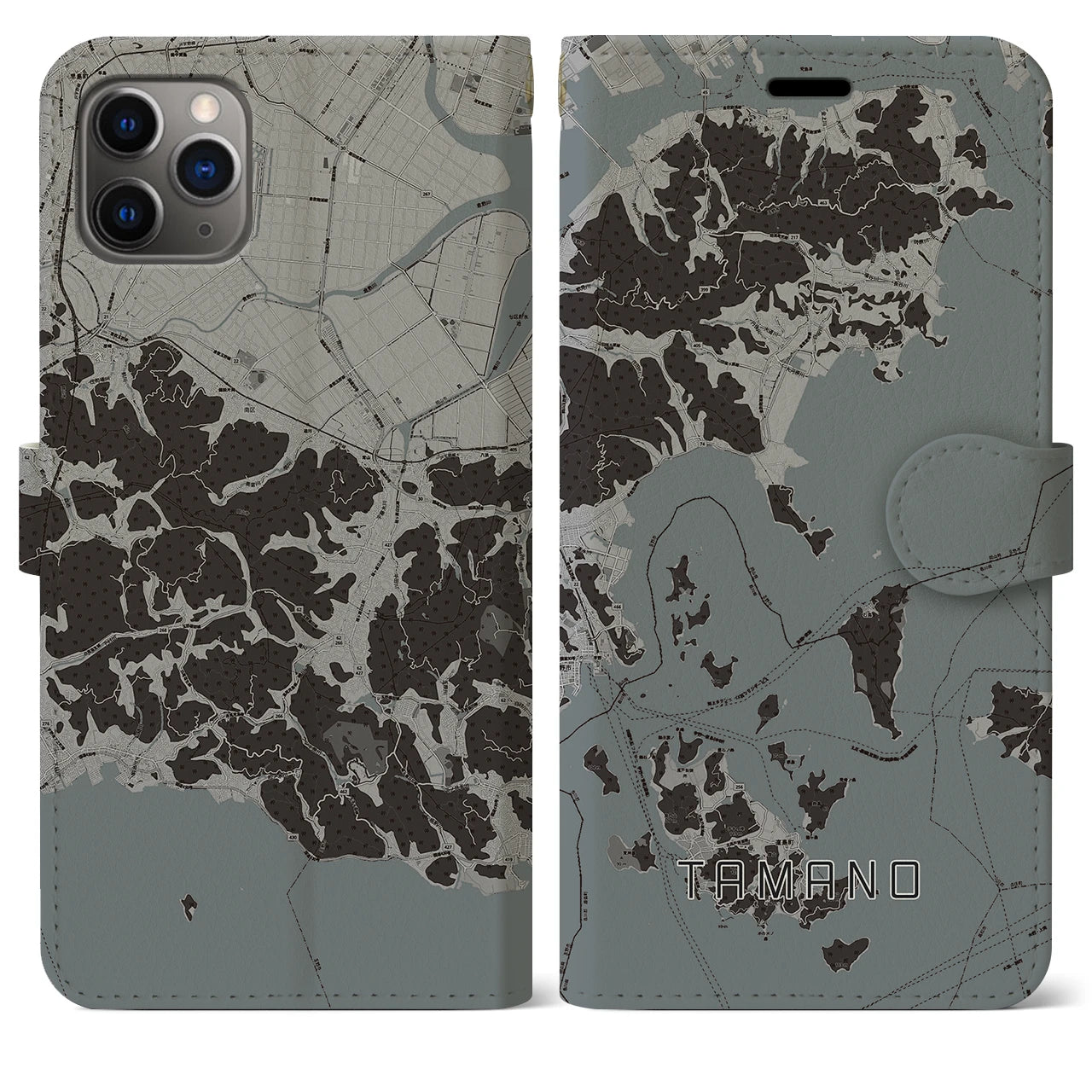 【玉野(岡山県)】地図柄iPhoneケース(手帳タイプ)モノトーン・iPhone 11 Pro Max 用