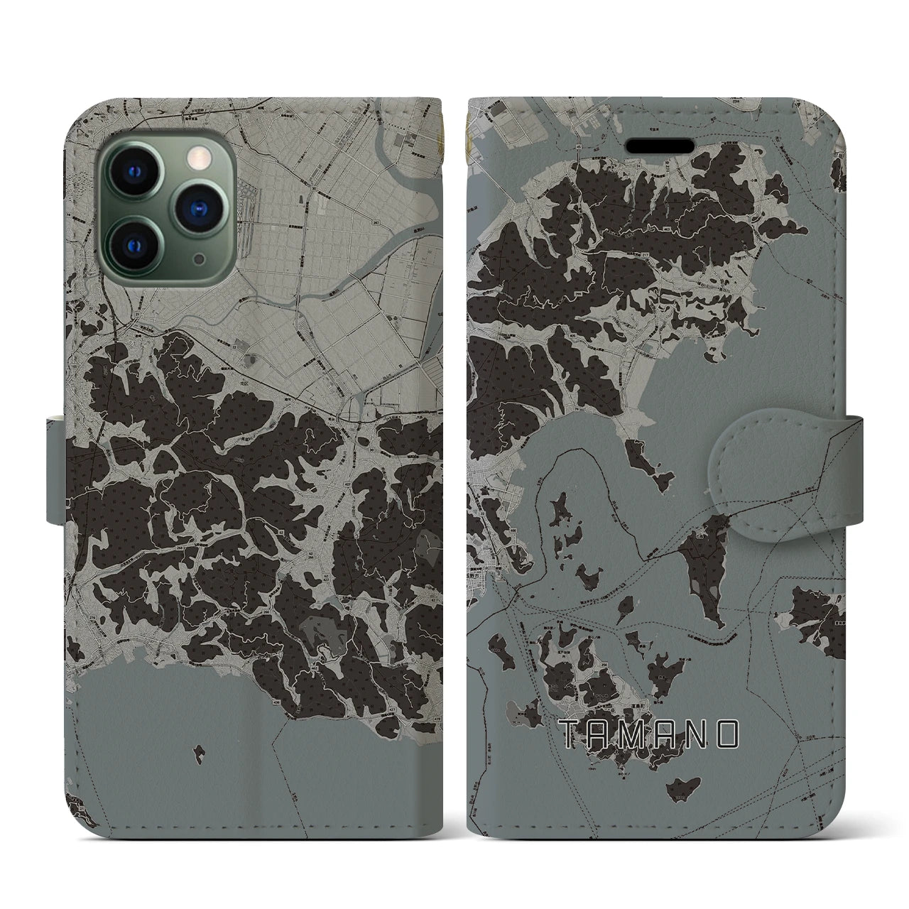 【玉野(岡山県)】地図柄iPhoneケース(手帳タイプ)モノトーン・iPhone 11 Pro 用