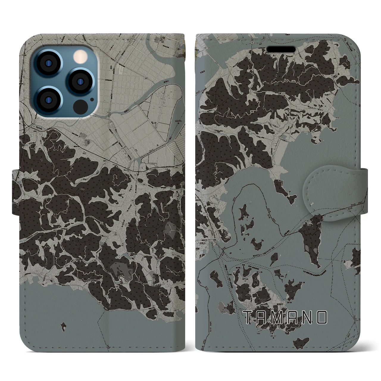 【玉野(岡山県)】地図柄iPhoneケース(手帳タイプ)モノトーン・iPhone 12 / 12 Pro 用