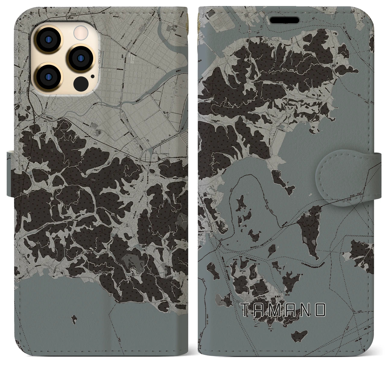 【玉野(岡山県)】地図柄iPhoneケース(手帳タイプ)モノトーン・iPhone 12 Pro Max 用