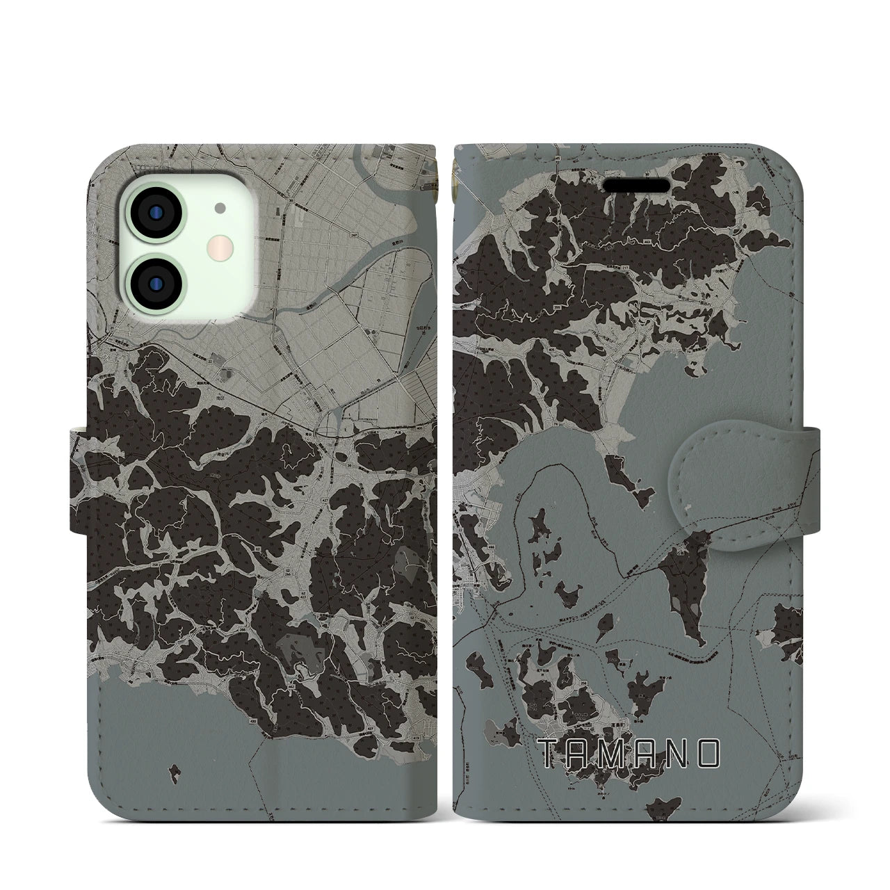 【玉野(岡山県)】地図柄iPhoneケース(手帳タイプ)モノトーン・iPhone 12 mini 用