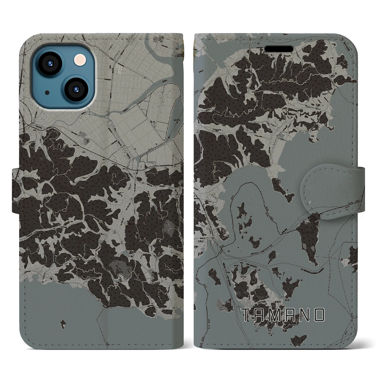 【玉野(岡山県)】地図柄iPhoneケース(手帳タイプ)モノトーン・iPhone 13 用