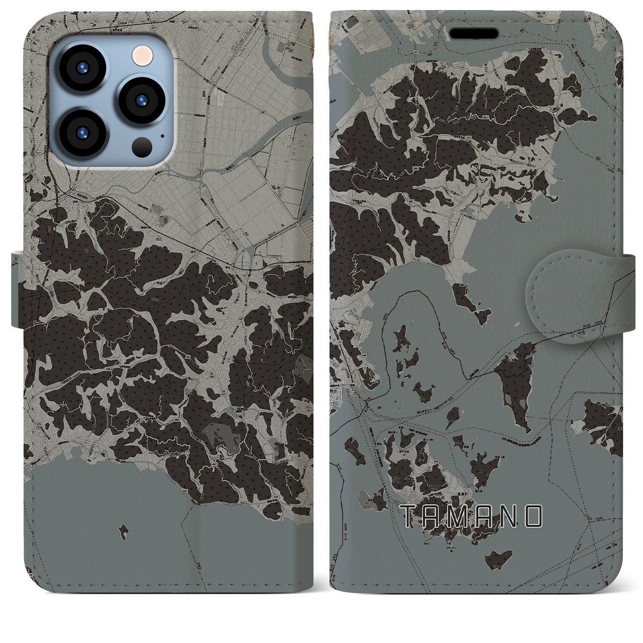 【玉野(岡山県)】地図柄iPhoneケース(手帳タイプ)モノトーン・iPhone 13 Pro Max 用