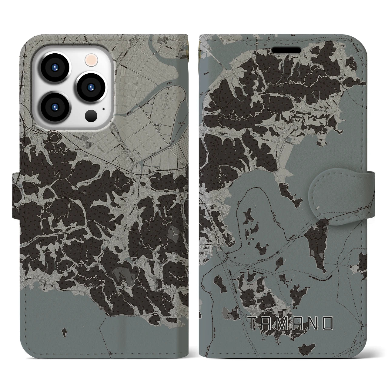 【玉野(岡山県)】地図柄iPhoneケース(手帳タイプ)モノトーン・iPhone 13 Pro 用